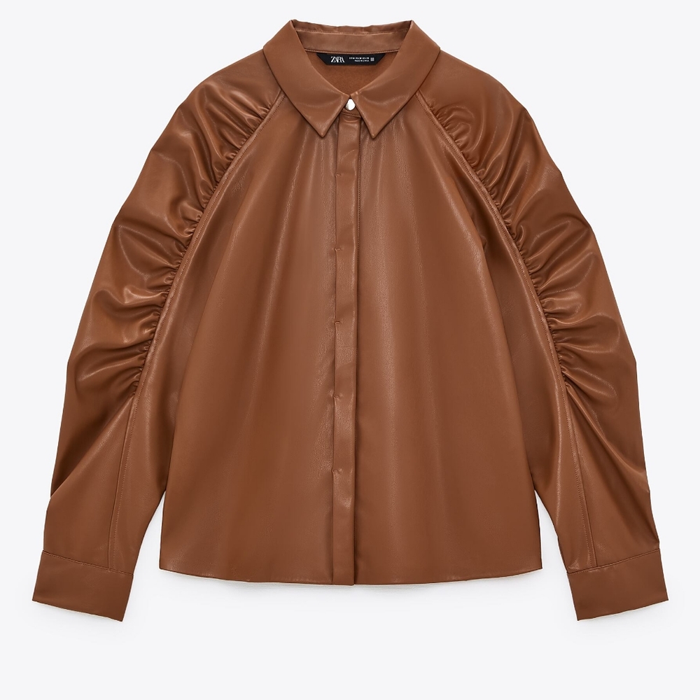 NWT ZARA Warm Cognac Brown Faux Leather Gathered Sleeve Overshirt M - Picture 3 of 6